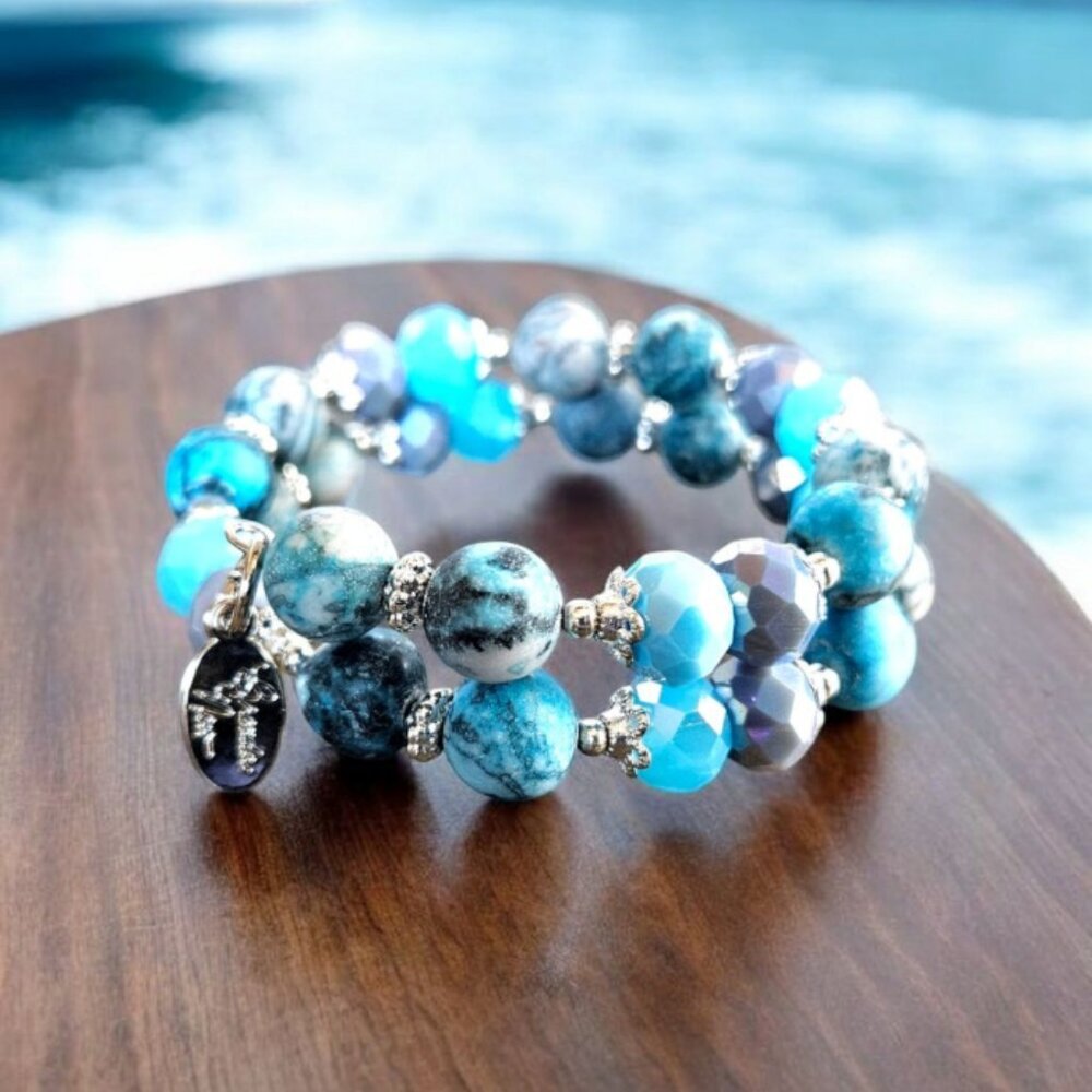 Aqua Gemstone Beaded Bracelet Silver Beach Cruise Memory Wire Designer NWT